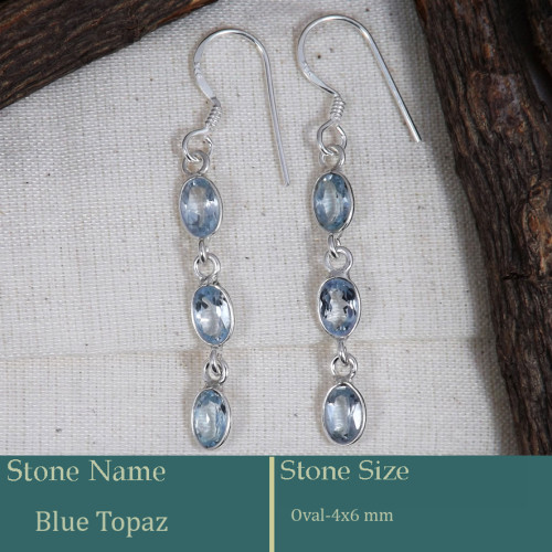 Blue Topaz Cut O - BZE735-Awesome Handmade Design Bezel Earrings 925 Silver Cut Gem
