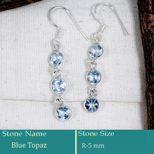 Blue Topaz Cut D - BZE734-Stunning Solid 925 Silver Bezel Earrings Cut Gemstone Who