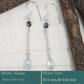 Mystic & Blue Topaz Cut A - BZE732-Dazzling Look 925 Silver Long Chain Bezel Earrings Cut Ge