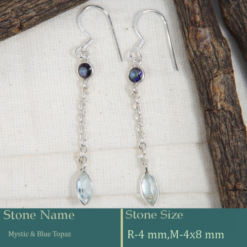 Mystic & Blue Topaz Cut A - BZE732-Dazzling Look 925 Silver Long Chain Bezel Earrings Cut Ge