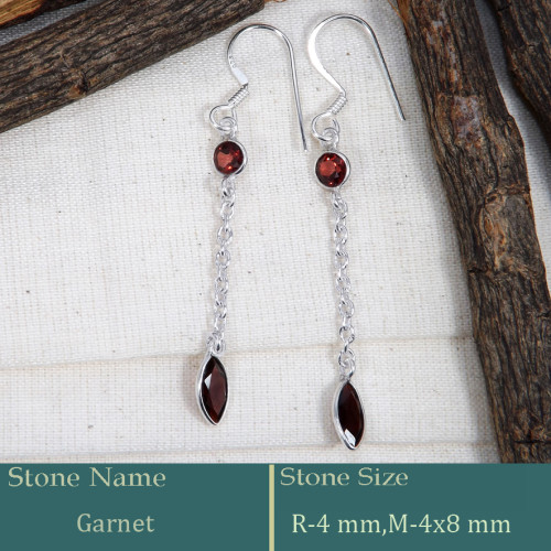 Garnet Cut C - BZE732-Dazzling Look 925 Silver Long Chain Bezel Earrings Cut Ge
