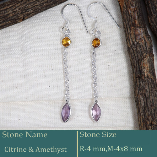 Citrine & Amethyst Cut D - BZE732-Dazzling Look 925 Silver Long Chain Bezel Earrings Cut Ge