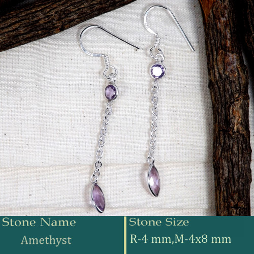 Amethyst Cut F - BZE732-Dazzling Look 925 Silver Long Chain Bezel Earrings Cut Ge
