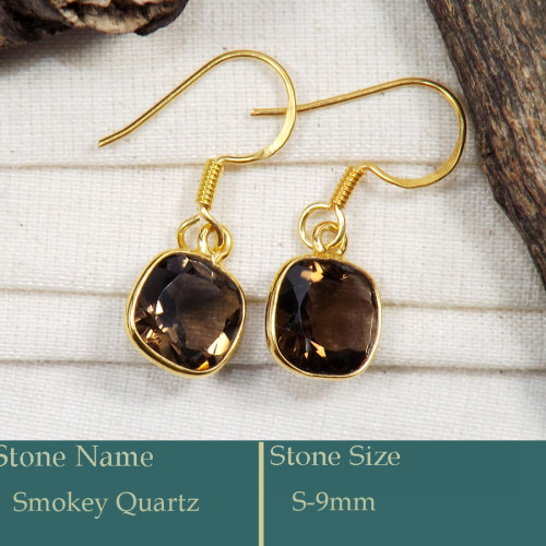 Smokey Quartz Cut O - CMJ864-Dazzling 925 Silver 18K Gold Plated Earrings Cut Gemstone
