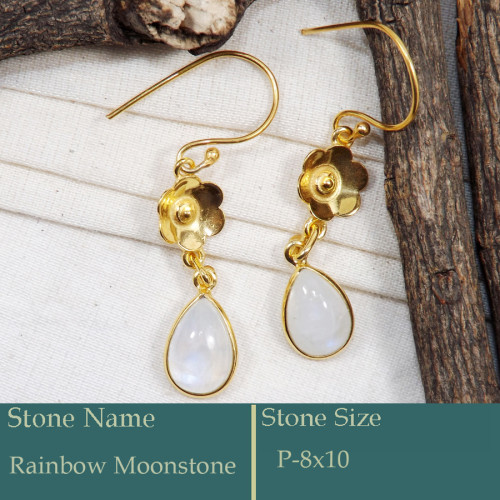 Rainbow Moonstone Cab A - CMJ863-Solid 925 Silver 18K Gold Plated Earrings Rainbow Moonsto