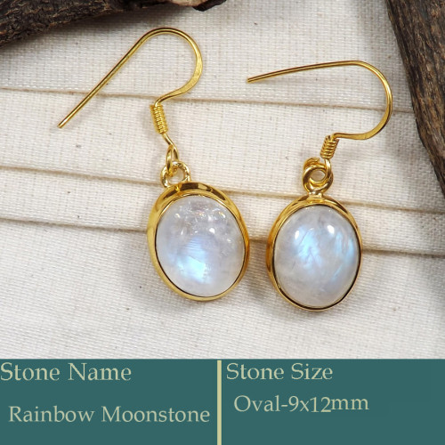 Rainbow Moonstone Cab B - CMJ863-Solid 925 Silver 18K Gold Plated Earrings Rainbow Moonsto