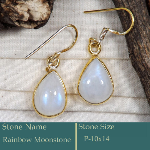 Rainbow Moonstone Cab F - CMJ863-Solid 925 Silver 18K Gold Plated Earrings Rainbow Moonsto