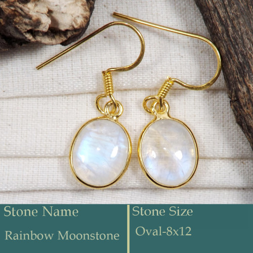Rainbow Moonstone Cab G - CMJ863-Solid 925 Silver 18K Gold Plated Earrings Rainbow Moonsto