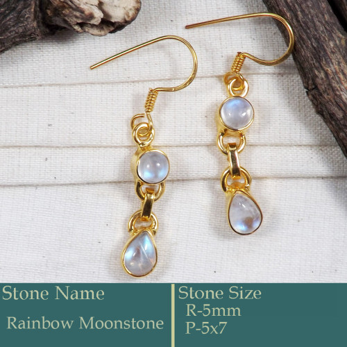 Rainbow Moonstone Cab H - CMJ863-Solid 925 Silver 18K Gold Plated Earrings Rainbow Moonsto
