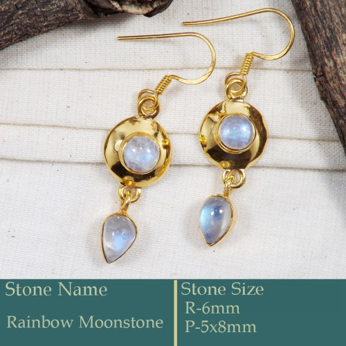 Rainbow Moonstone Cab I - CMJ863-Solid 925 Silver 18K Gold Plated Earrings Rainbow Moonsto