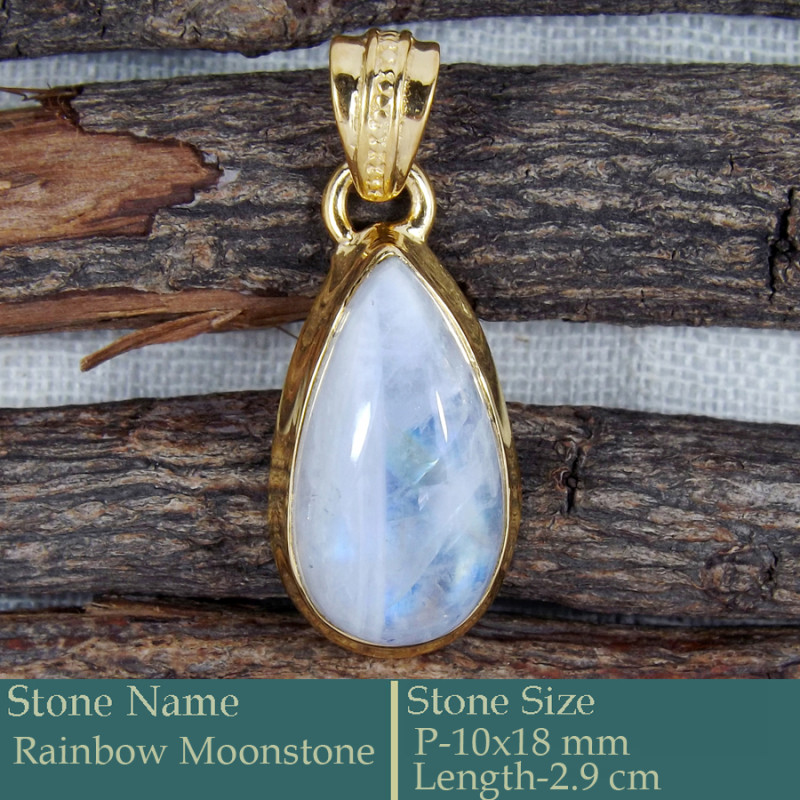 Rainbow Moonstone Cab D - CMJ856-Amazing 18K Gold Plated Pendant 925 Sterling Silver Whole