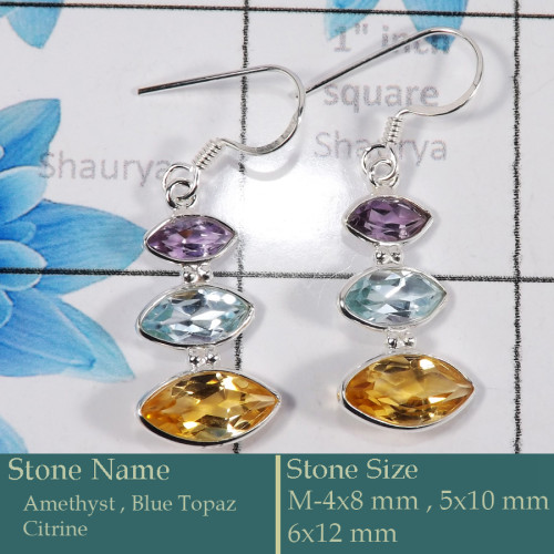 Amethyst, Blue Topaz & Citrine Cut B - BZE731-Solid 925 Silver Bezel Earrings Cut Gemstone Wholesale In Amethyst, Blue Topaz & Citrine Cut B - BZE731-Solid 925 Silver Bezel Earrings Cut Gemstone Wholesale In