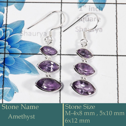 Amethyst Cut C - BZE731-Solid 925 Silver Bezel Earrings Cut Gemstone Wholesale In