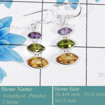 Amethyst, Peridot & Citrine Cut D - BZE731-Solid 925 Silver Bezel Earrings Cut Gemstone Wholesale In