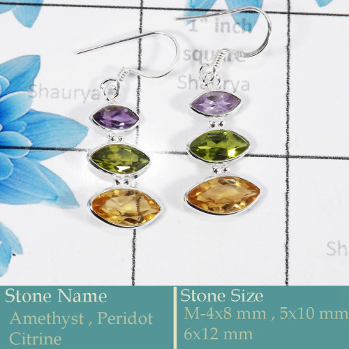 Amethyst, Peridot & Citrine Cut D - BZE731-Solid 925 Silver Bezel Earrings Cut Gemstone Wholesale In
