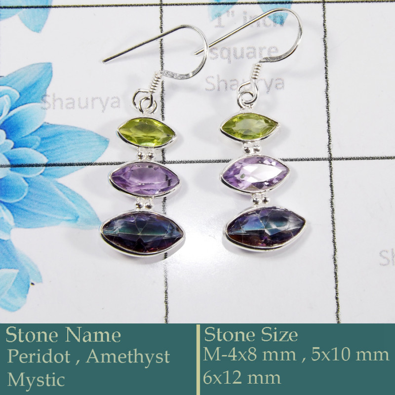 Peridot, Amethyst & Mystic Cut E - BZE731-Solid 925 Silver Bezel Earrings Cut Gemstone Wholesale In