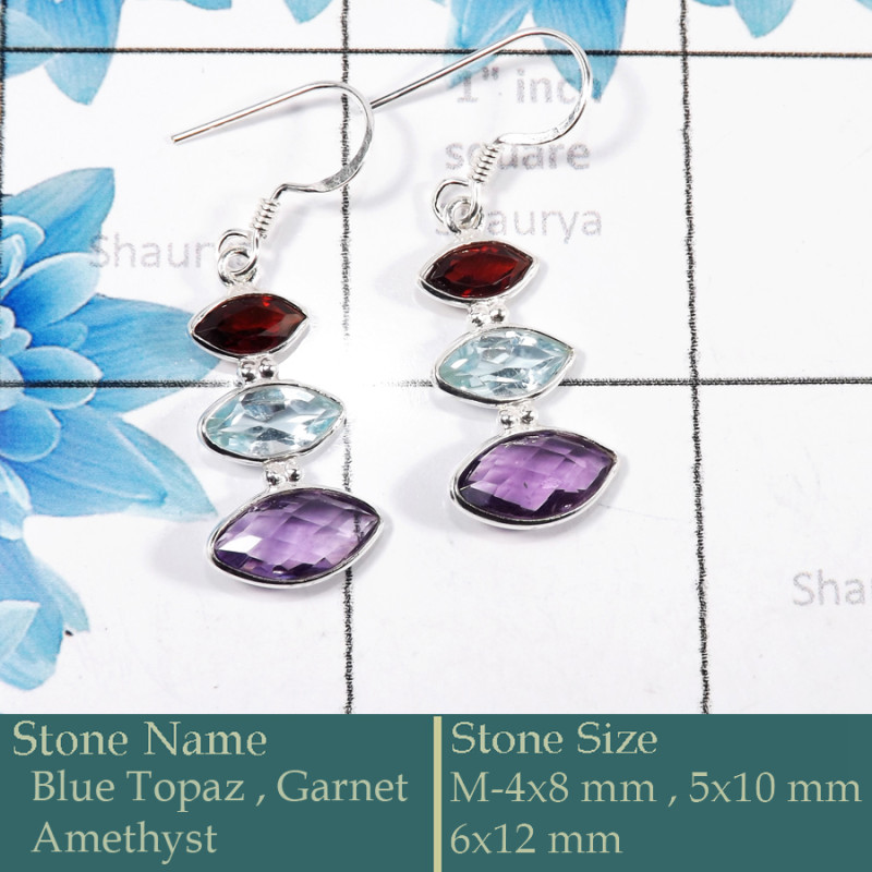 Blue Topaz, Garnet & Amethyst Cut F - BZE731-Solid 925 Silver Bezel Earrings Cut Gemstone Wholesale In