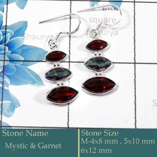 Mystic & Garnet Cut G - BZE731-Solid 925 Silver Bezel Earrings Cut Gemstone Wholesale In
