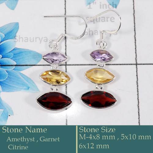 Amethyst, Garnet, & Citrine Cut H - BZE731-Solid 925 Silver Bezel Earrings Cut Gemstone Wholesale In