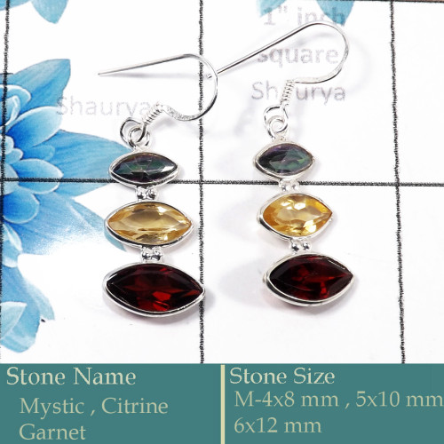 Mystic, Citrine & Garnet Cut O - BZE731-Solid 925 Silver Bezel Earrings Cut Gemstone Wholesale In