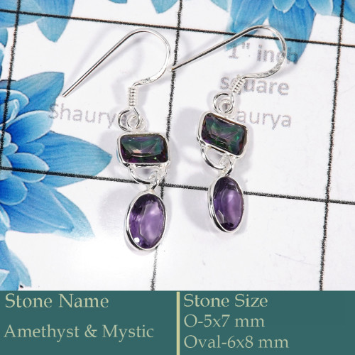 Amethyst & Mystic Cut C - BZE729-Classic 925 Silver Bezel Earrings Cut Gemstone Wholesale