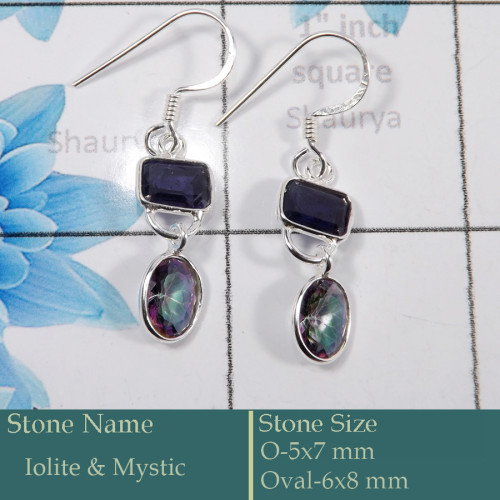 Iolite & Mystic Cut F - BZE729-Classic 925 Silver Bezel Earrings Cut Gemstone Wholesale