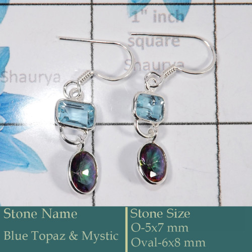 Blue Topaz & Mystic Cut G - BZE729-Classic 925 Silver Bezel Earrings Cut Gemstone Wholesale