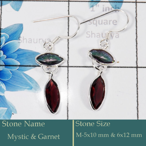 Mystic & Garnet Cut F - BZE728-Gorgeous Party Wear 925 Silver Bezel Earrings Cut Gemston