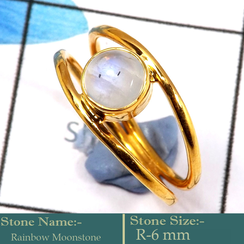 Rainbow Moonstone Cab A - CMJ854-Solid 925 Silver 18K Gold Plated Ring Rainbow Moonstone G