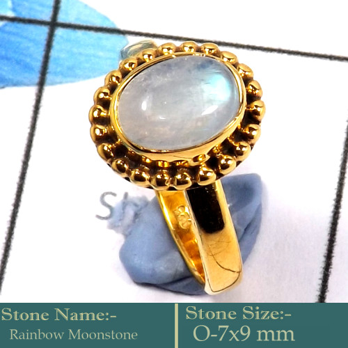 Rainbow Moonstone Cab B - CMJ854-Solid 925 Silver 18K Gold Plated Ring Rainbow Moonstone G