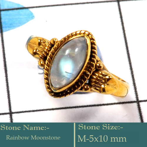 Rainbow Moonstone Cab C - CMJ854-Solid 925 Silver 18K Gold Plated Ring Rainbow Moonstone G