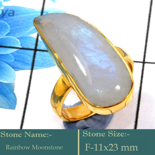 Rainbow Moonstone Cab D - CMJ854-Solid 925 Silver 18K Gold Plated Ring Rainbow Moonstone G