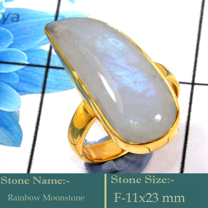 Rainbow Moonstone Cab D - CMJ854-Solid 925 Silver 18K Gold Plated Ring Rainbow Moonstone G