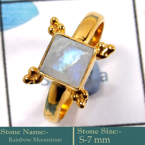 Rainbow Moonstone Cab E - CMJ854-Solid 925 Silver 18K Gold Plated Ring Rainbow Moonstone G