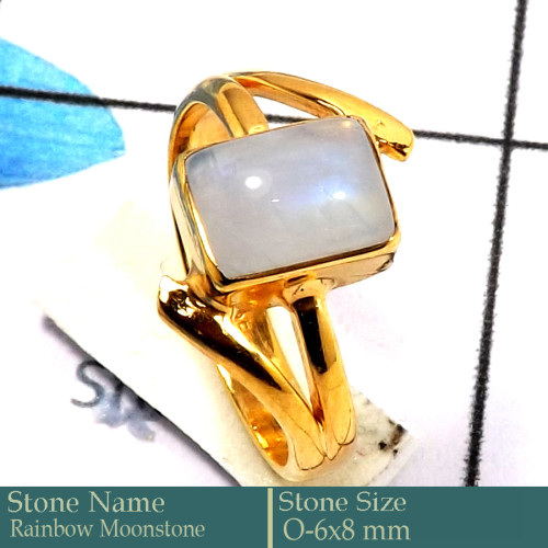 Rainbow Moonstone Cab F - CMJ854-Solid 925 Silver 18K Gold Plated Ring Rainbow Moonstone G