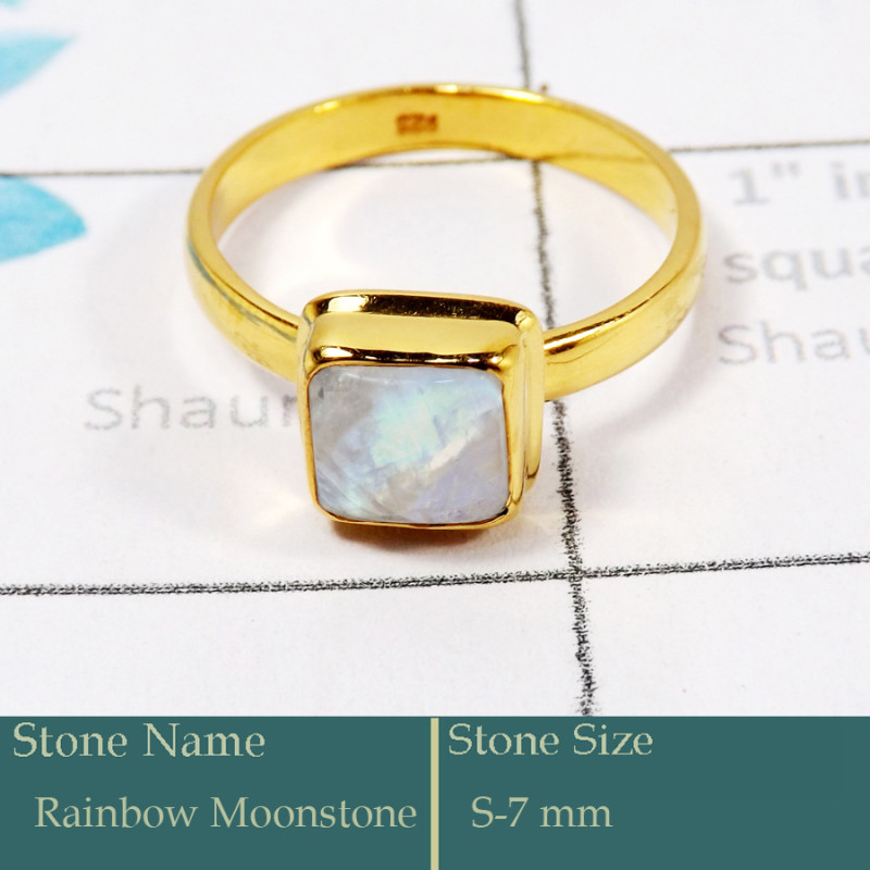 Rainbow Moonstone Cab K - CMJ854-Solid 925 Silver 18K Gold Plated Ring Rainbow Moonstone G