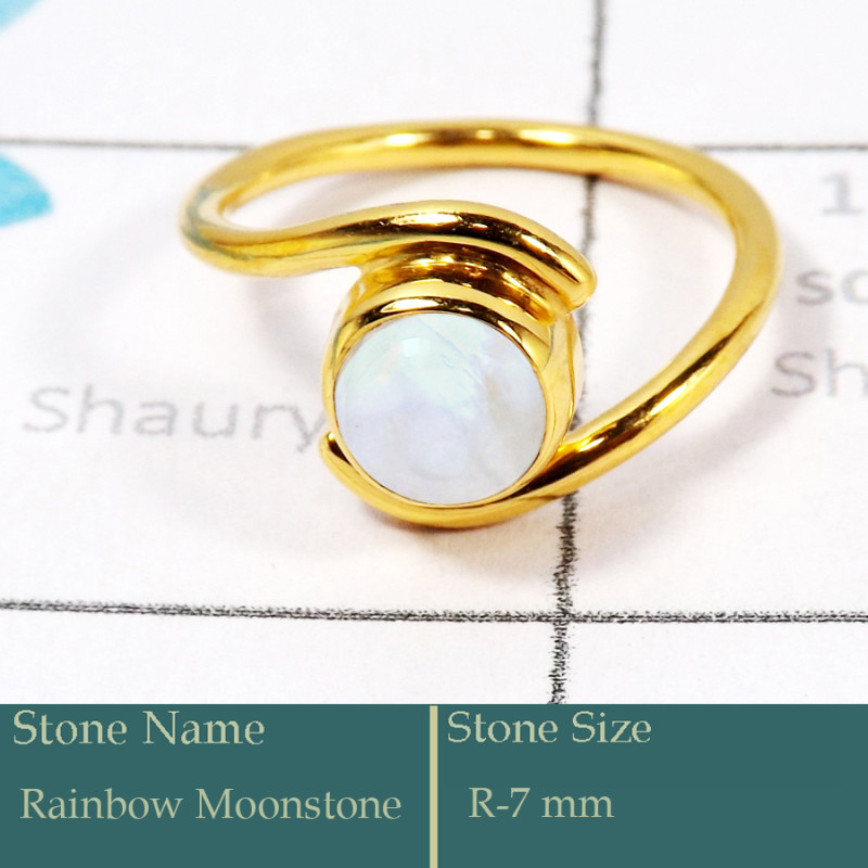 Rainbow Moonstone Cab L - CMJ854-Solid 925 Silver 18K Gold Plated Ring Rainbow Moonstone G