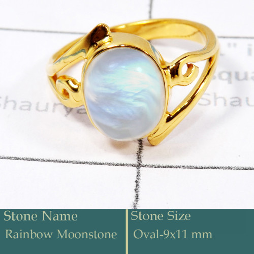 Rainbow Moonstone Cab O - CMJ854-Solid 925 Silver 18K Gold Plated Ring Rainbow Moonstone G