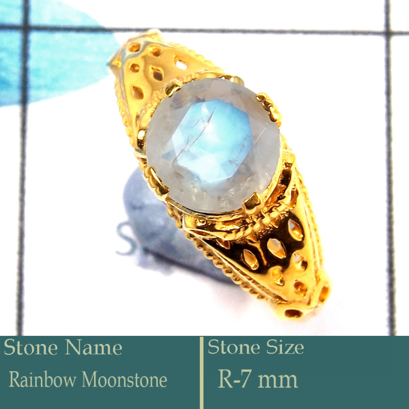 Rainbow Moonstone Cut F - CMJ853-Gorgeous 925 Silver 18K Gold Plated Ring Cut Gemstone Who