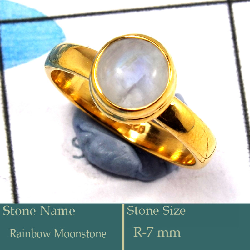 Rainbow Moonstone Cab A - CMJ851-Pretty Look 925 Silver 18K Gold Plated Ring Rainbow Moons