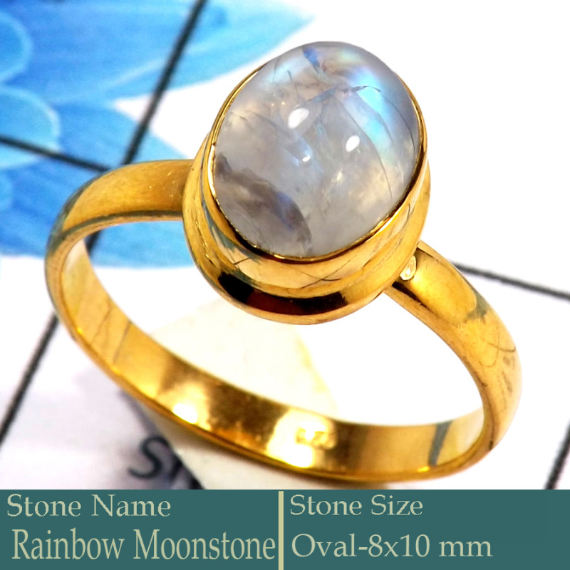 Rainbow Moonstone Cab B - CMJ851-Pretty Look 925 Silver 18K Gold Plated Ring Rainbow Moons