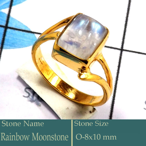 Rainbow Moonstone Cab D - CMJ851-Pretty Look 925 Silver 18K Gold Plated Ring Rainbow Moons