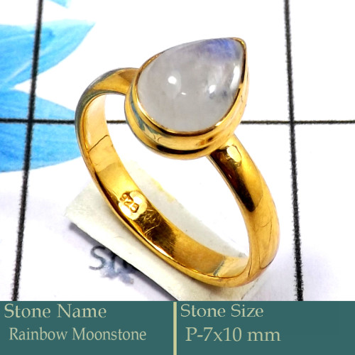 Rainbow Moonstone Cab E - CMJ851-Pretty Look 925 Silver 18K Gold Plated Ring Rainbow Moons