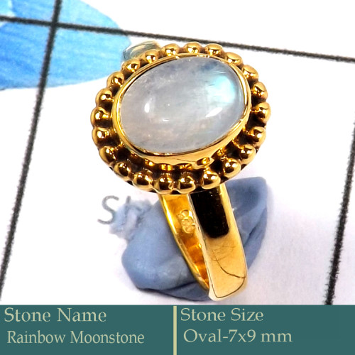 Rainbow Moonstone Cab F - CMJ851-Pretty Look 925 Silver 18K Gold Plated Ring Rainbow Moons