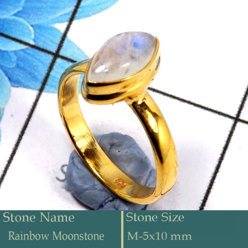 Rainbow Moonstone Cab H - CMJ851-Pretty Look 925 Silver 18K Gold Plated Ring Rainbow Moons