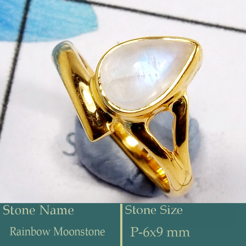 Rainbow Moonstone Cab I - CMJ851-Pretty Look 925 Silver 18K Gold Plated Ring Rainbow Moons