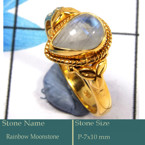 Rainbow Moonstone Cab J - CMJ851-Pretty Look 925 Silver 18K Gold Plated Ring Rainbow Moons