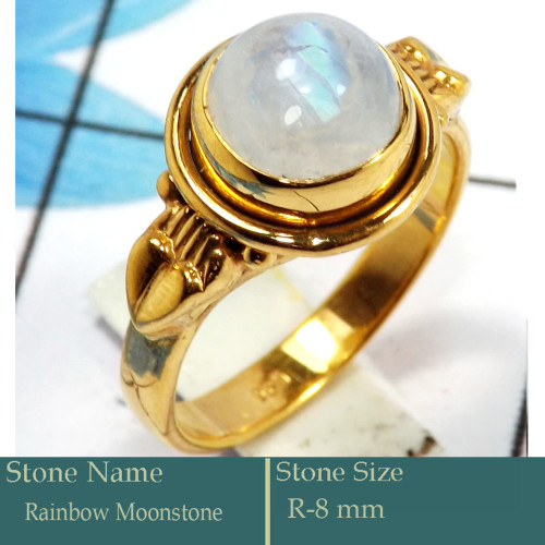 Rainbow Moonstone Cab O - CMJ851-Pretty Look 925 Silver 18K Gold Plated Ring Rainbow Moons