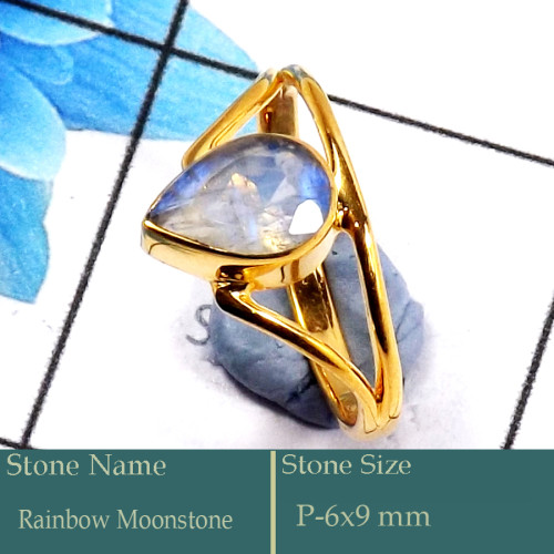 Rainbow Moonstone Cut B - CMJ848-Amazing Solid 925 Silver 18K Gold Plated Ring Cut Gemston