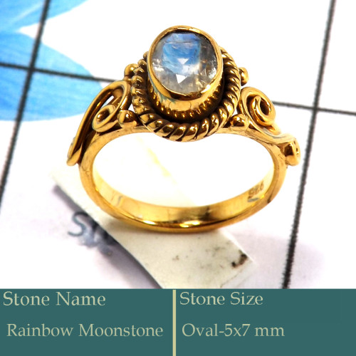 Rainbow Moonstone Cut C - CMJ848-Amazing Solid 925 Silver 18K Gold Plated Ring Cut Gemston